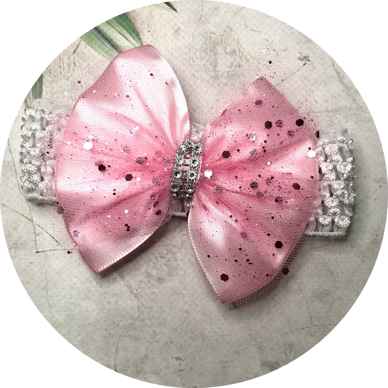 Повязка на голову с бантом Белый с розовым (2589997)