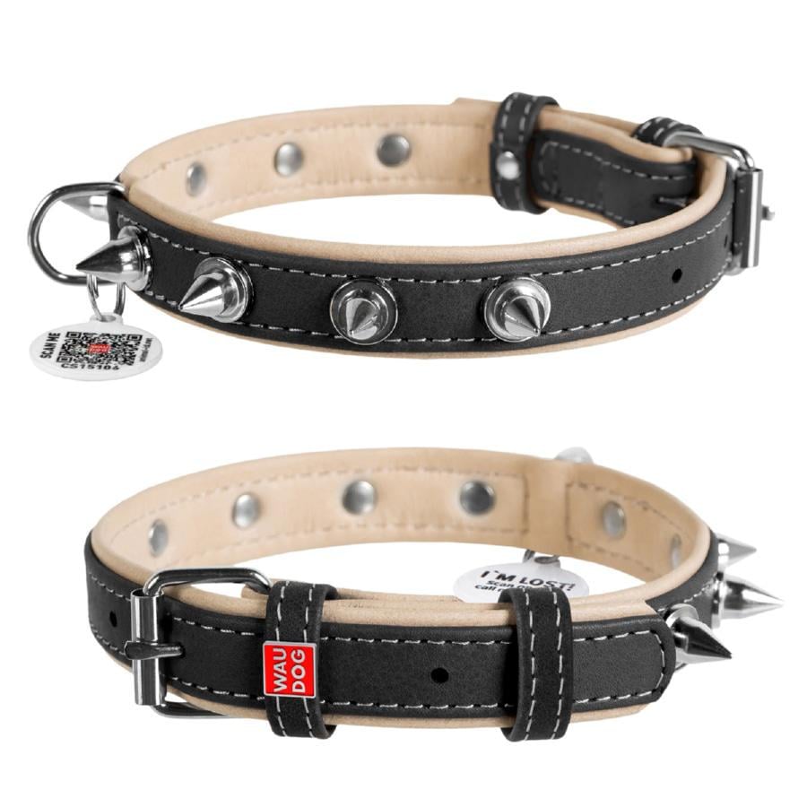 Ошейник для собак кожаный Waudog Soft с QR паспортом с шипами S 20 мм 30-39 см