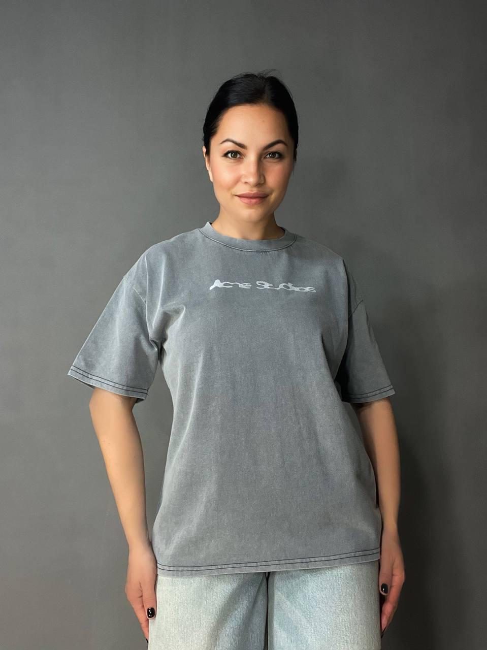 Футболка женская A-N 27039 вареный тай-дай хлопок с надписью OS Серый (4344)