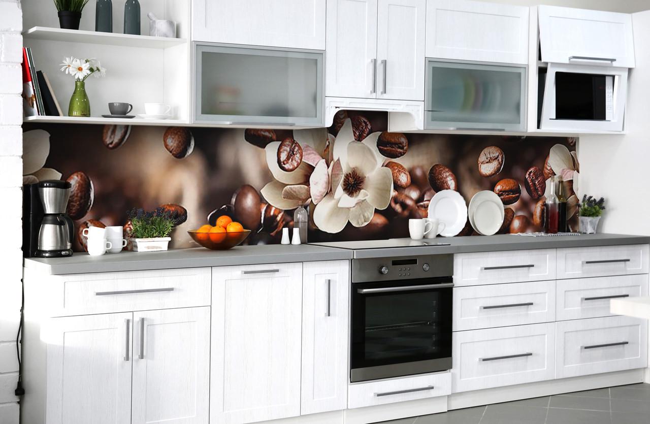 Кухонный фартук Кофейные зерна/Магнолия из самоклеющейся виниловой пленки 65х250 см Коричневый