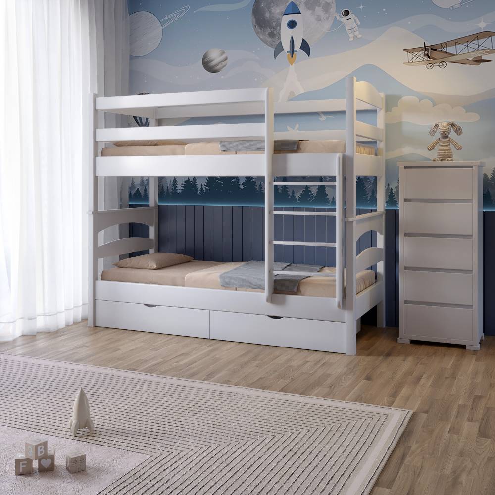 Кровать двухъярусная деревянная Mebigrand Чикаго Мини с ящиками 90x200 см Белый (MBG-2284)