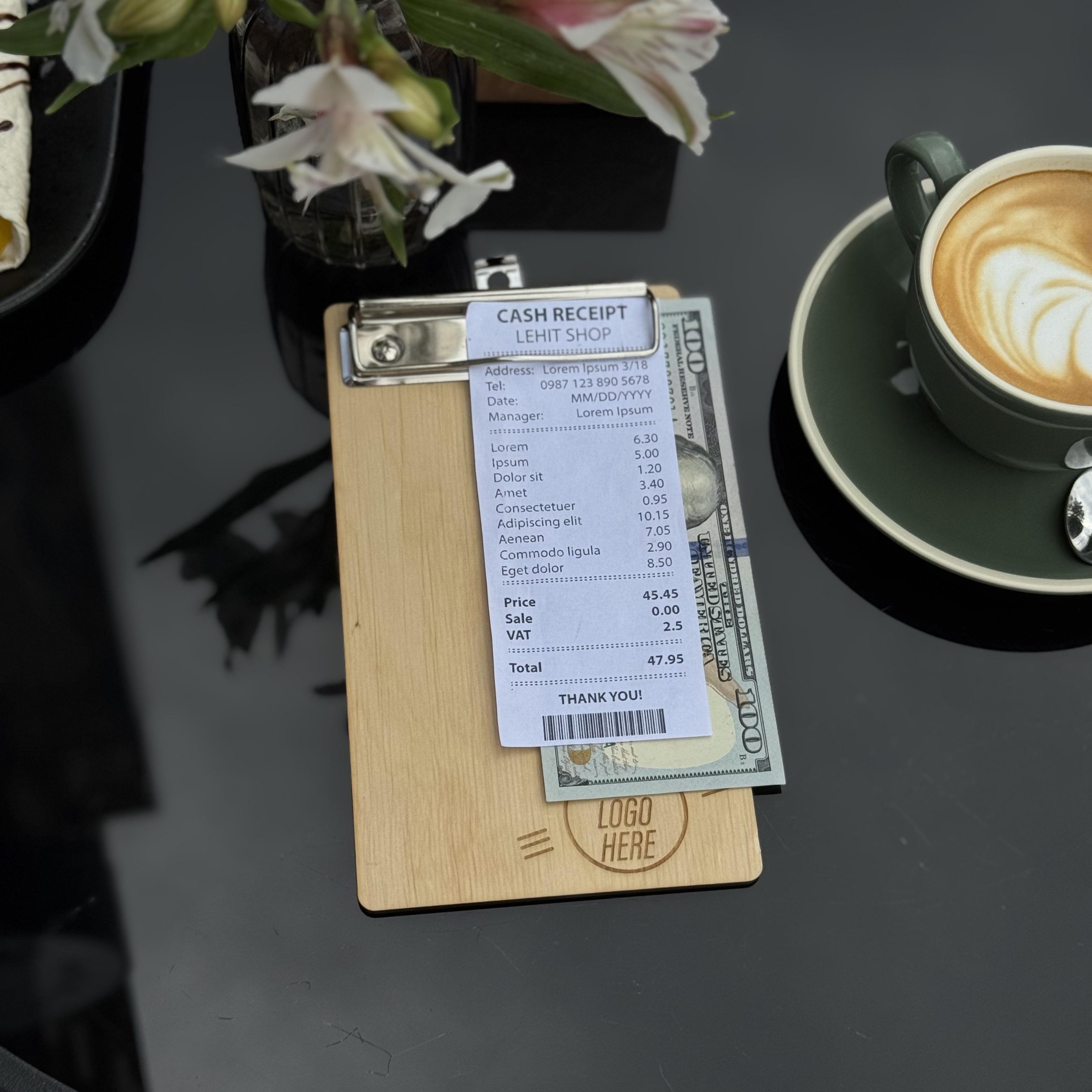 Чекбук з гравіюванням логотипу для кафе та ресторанів дерев'яний Світле дерево (0001)