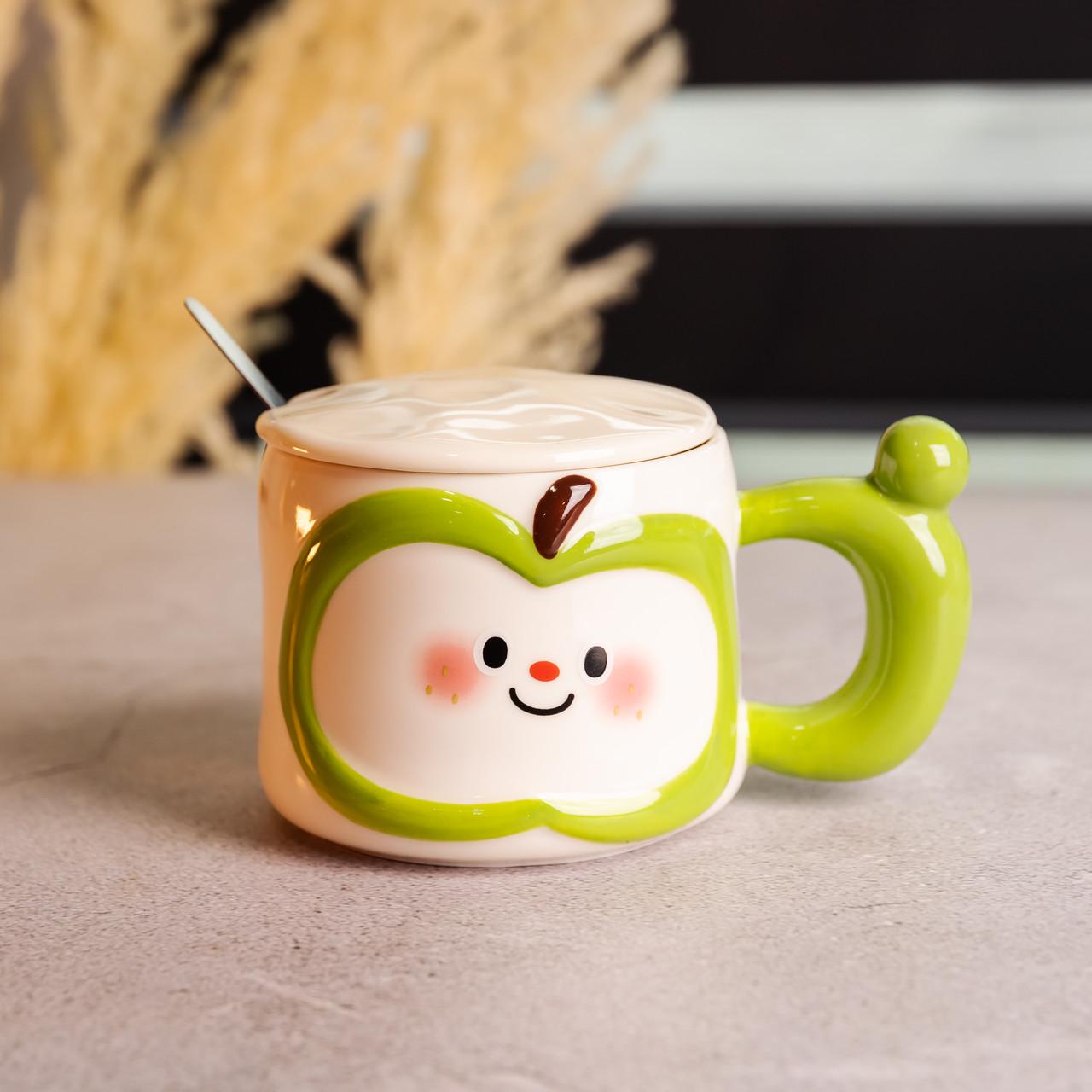 Чашка порцелянова Cute Apple з кришкою та ложкою 400 мл Зелений (FM-25A)