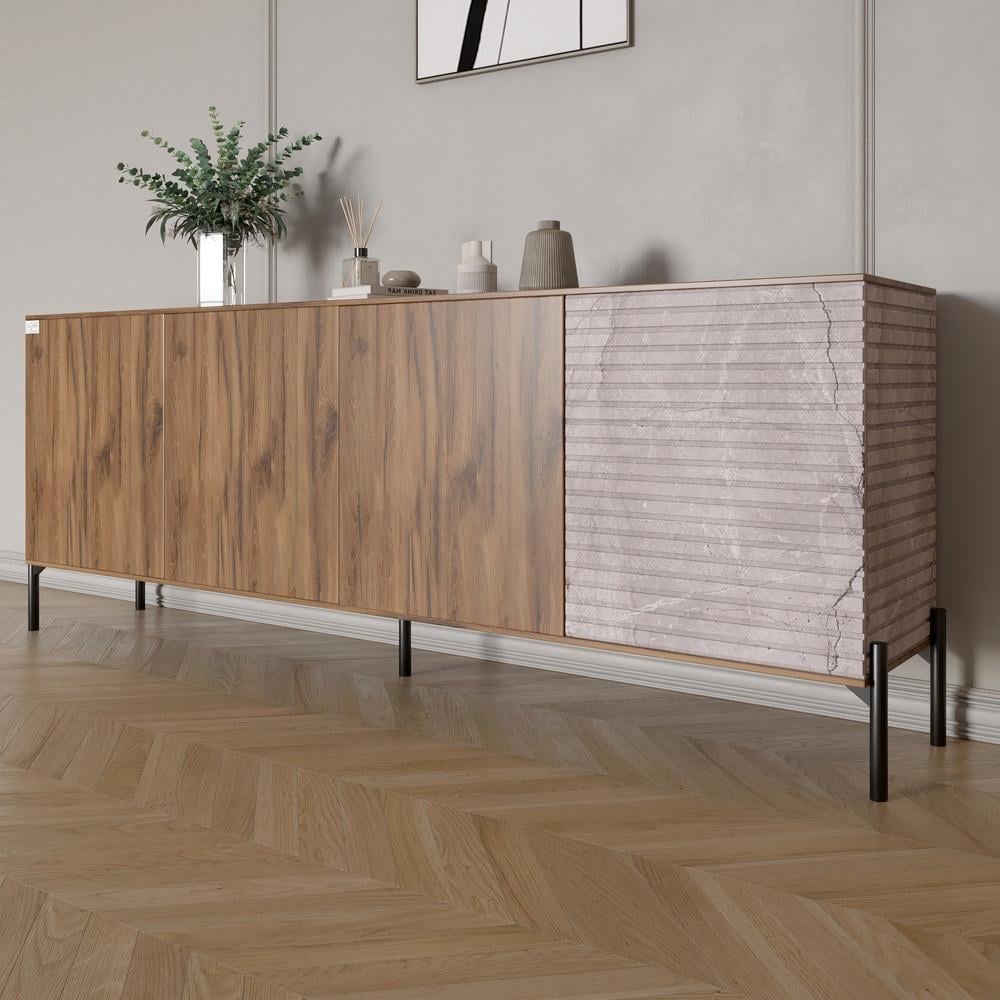 Комод в гостиную на черных металлических ножках Lion Грей 204x38x76,5 см Дуб Ливорно/Камень (Lion-042614)