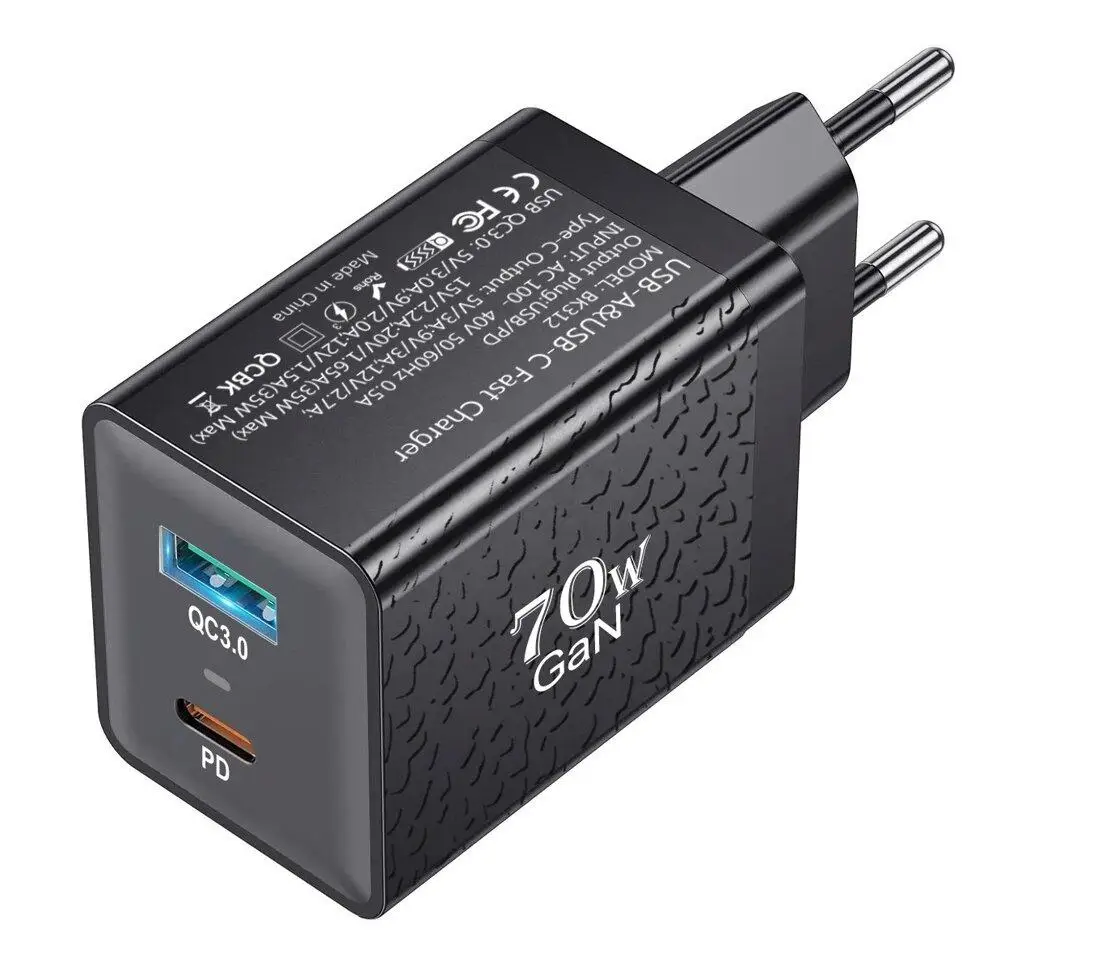 Зарядний пристрій GaN BK312 USB Type-C 70W Quick Charge 3.0 Power Delivery Чорний