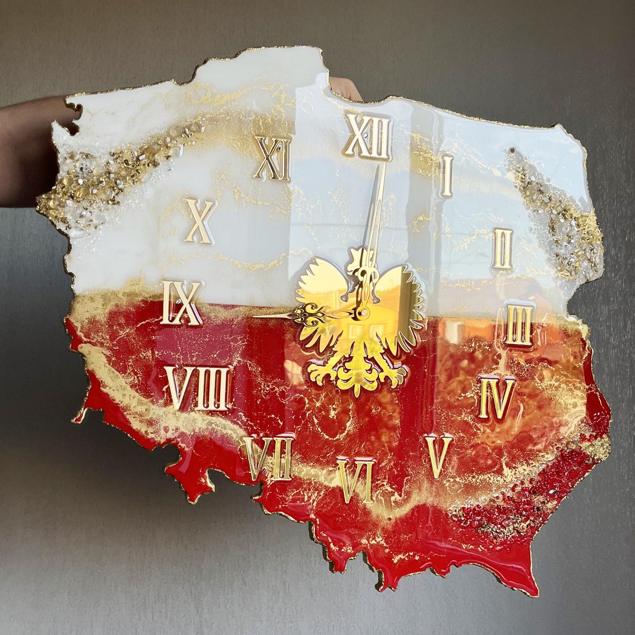 Часы настенные из эпоксидной смолы Карта Польши 60х54 см