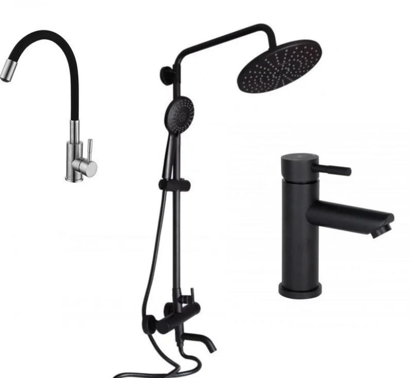 Система душевая Aria для ванны прямой излив смеситель Aria на умывальник 01L-BFS смеситель Aria для кухни 04R-BFS гибкий Black