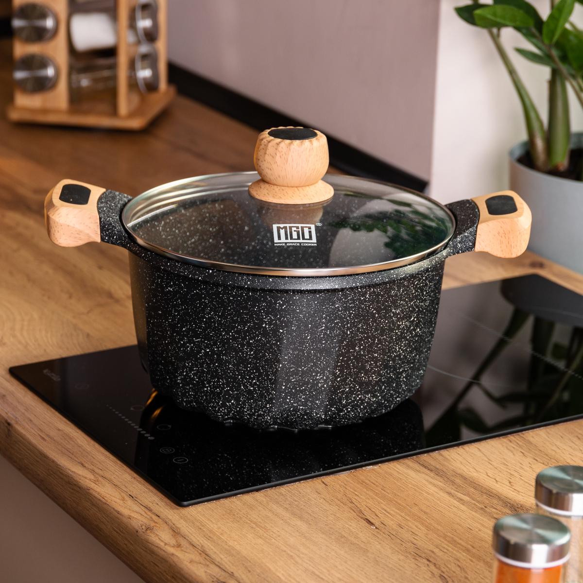 Каструля алюмінієва MGC алюмінієва з антипригарним покриттям зі скляною кришкою 8 л Чорний - фото 2