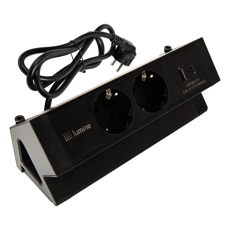 Блок розеточный накладной Lumine ORION 2 розетки 2xUSB A+C 15,5W Черный (171919)