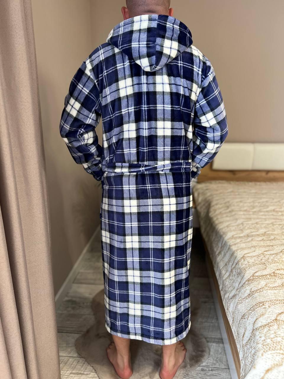Халат мужской махровый в клеточку L Синий (22936511) - фото 6 Халат мужской махровый в клеточку L Синий (22936511) - фото 6