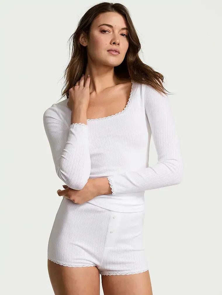 Пижама с шортами для сна Victoria's Secret Pointelle Modal Long-Sleeve Scoop Top & Shortie Set M Белый (27013489)