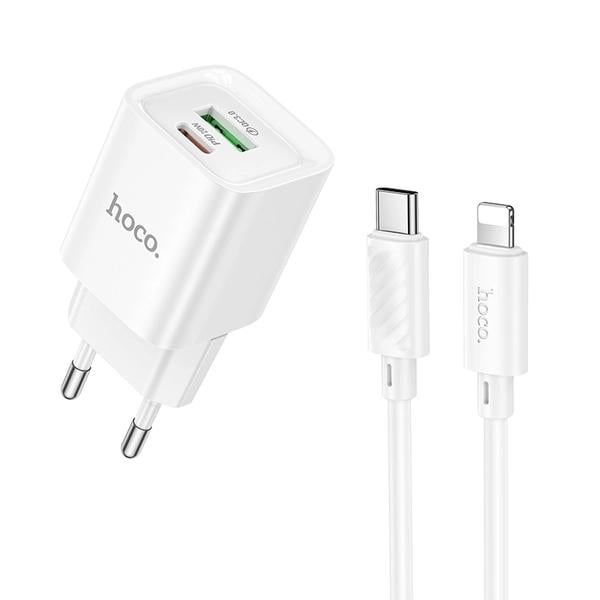 Зарядний пристрій мережевий Hoco C147A Charm 20W USB-A/USB-C з кабелем Type-C to Lightning 1 м White (6942007630283)