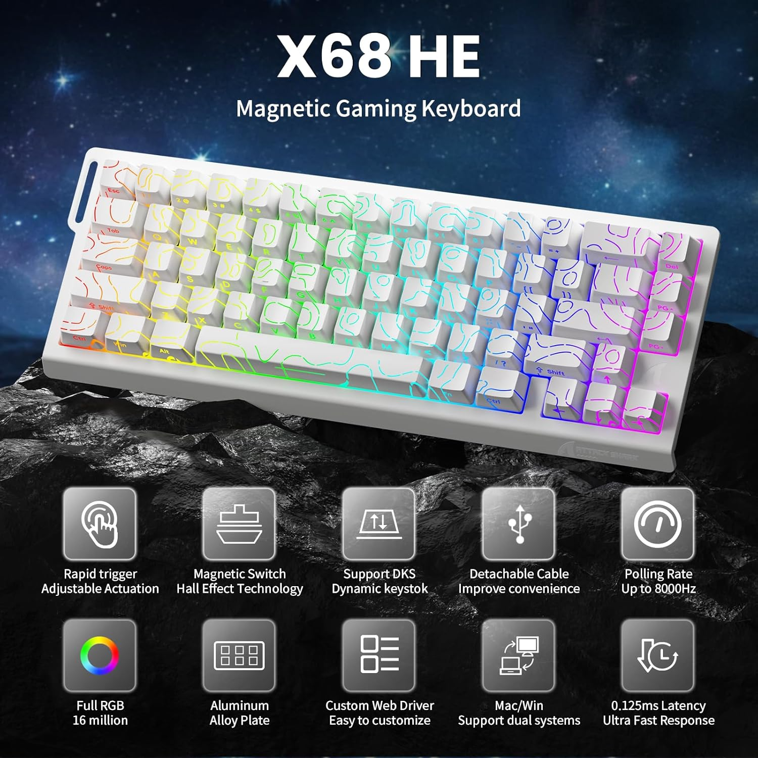 Клавіатура ігрова механічна Attack Shark X68 HE Rapid Trigger дротова/RGB підсвітка на магнітних перемикачах White (28049727) - фото 4 Клавіатура ігрова механічна Attack Shark X68 HE Rapid Trigger дротова/RGB підсвітка на магнітних перемикачах White (28049727) - фото 4