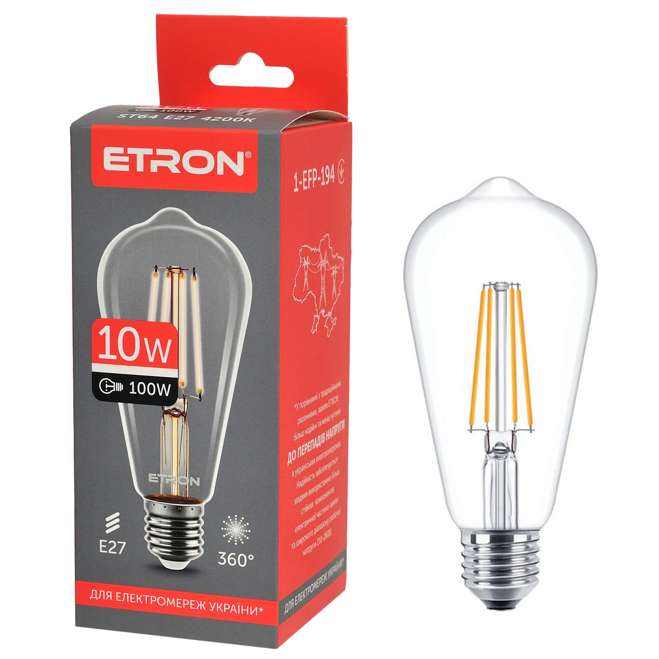 Світлодіодна лампа ETRON Filament ST64 10 Вт E27 4200K Прозорий (1-EFP-194)