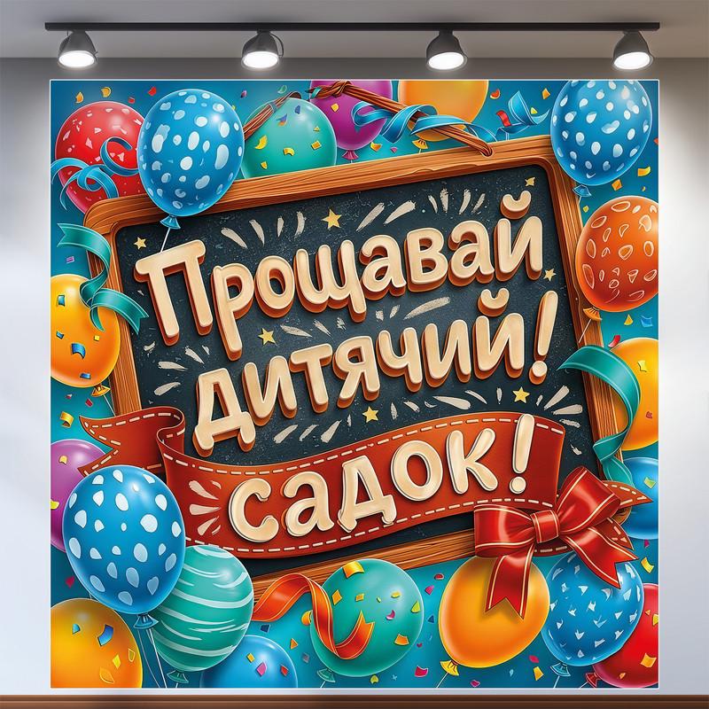 Баннер для фотозоны "Прощавай дитячий садок" с шариками на выпускной 160х160 см