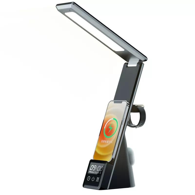 Зарядка бездротова з лампою Folding Desk Lamp L-011 6в1 технологія Qi з годинником та будильником Чорний - фото 4