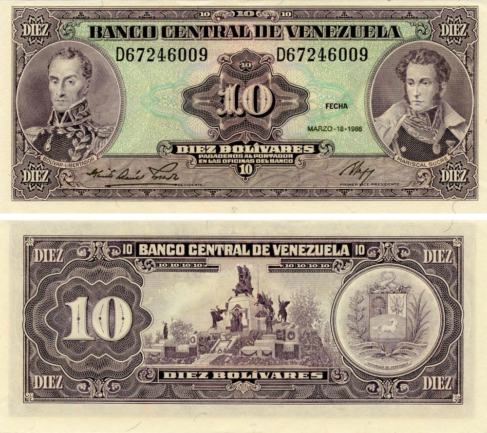 Коллекционная банкнота Венесуэла 10 боливар 1986 AU-UNC (P61a)