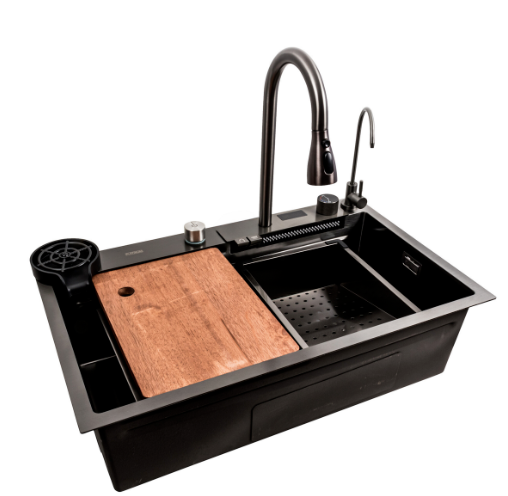 Комплект кухонная мойка и смеситель Valeso PVD Handmade Водопад 75x45 см G Черный (29293939)