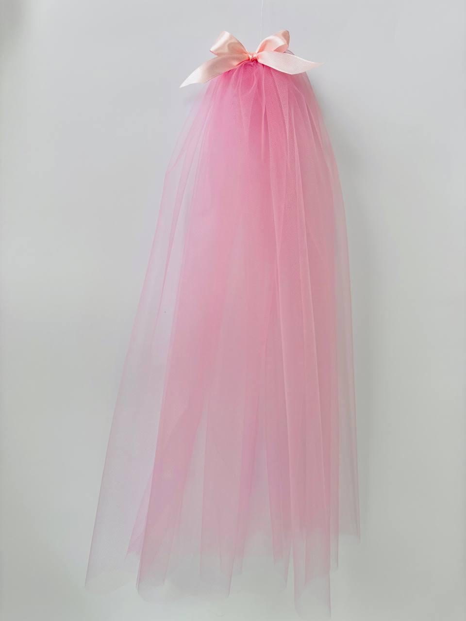 Фата для девичника с бантом на заколке 50 см Нежно-розовый (126)