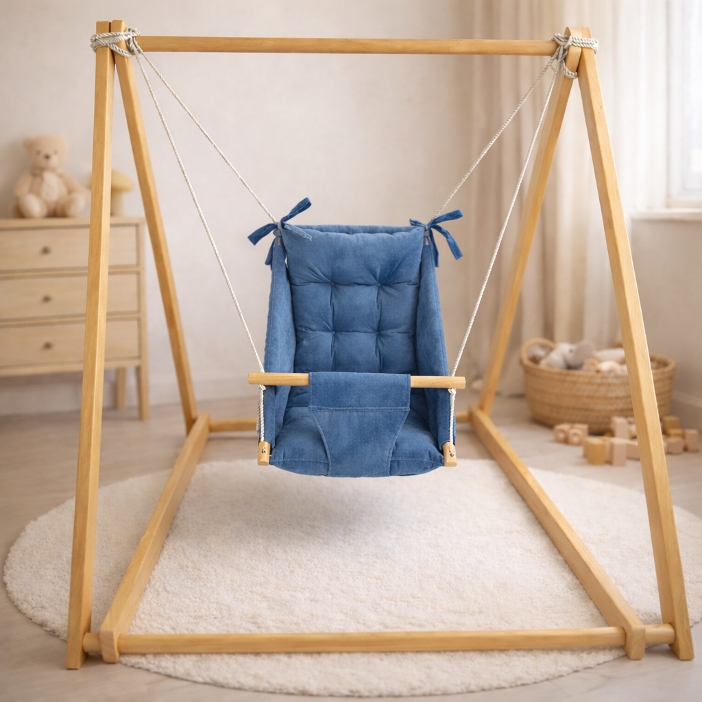 Комплект Деревянная опора и Колыханка микровелюр Синий (gs-9212)