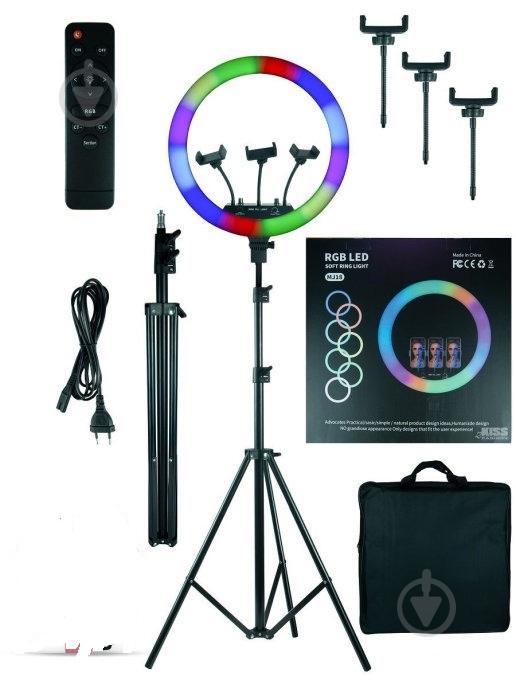 Кольцевая лампа MJ18 RGB диаметр 45см  со штативом 2м  держателем на три телефона кольцевой свет разноцветная с сумкой