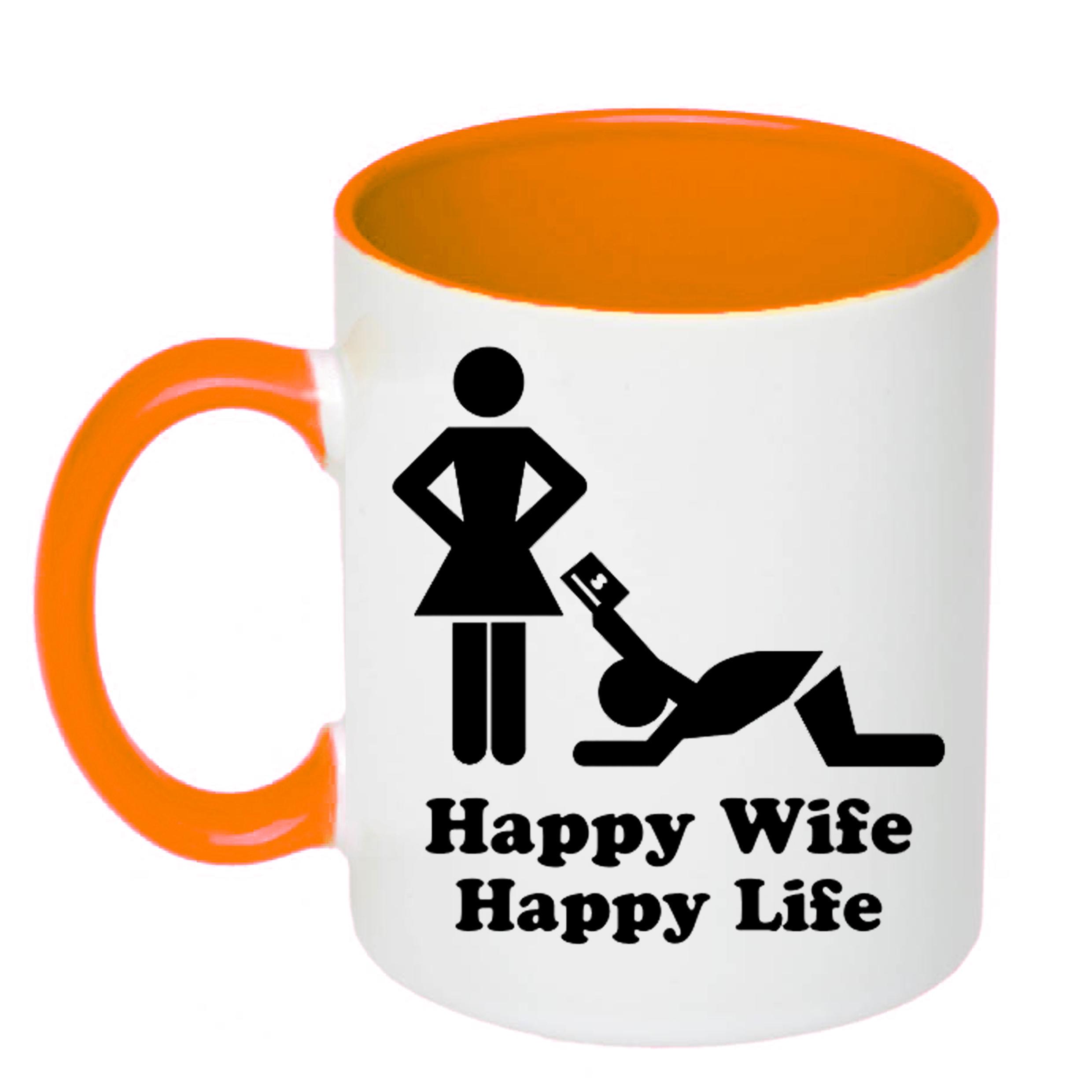 Чашка з друком Happy wife happy life 330 мл Помаранчевий (22720) - фото 1 Чашка з друком Happy wife happy life 330 мл Помаранчевий (22720) - фото 1