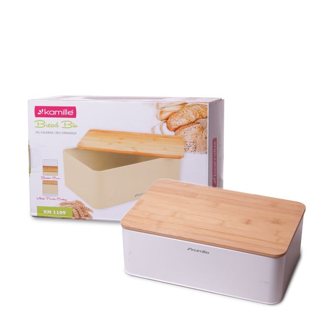 Хлебница Kamille 33 см из нержавеющей стали с бамбуковой крышкой Белый KM-1109BL