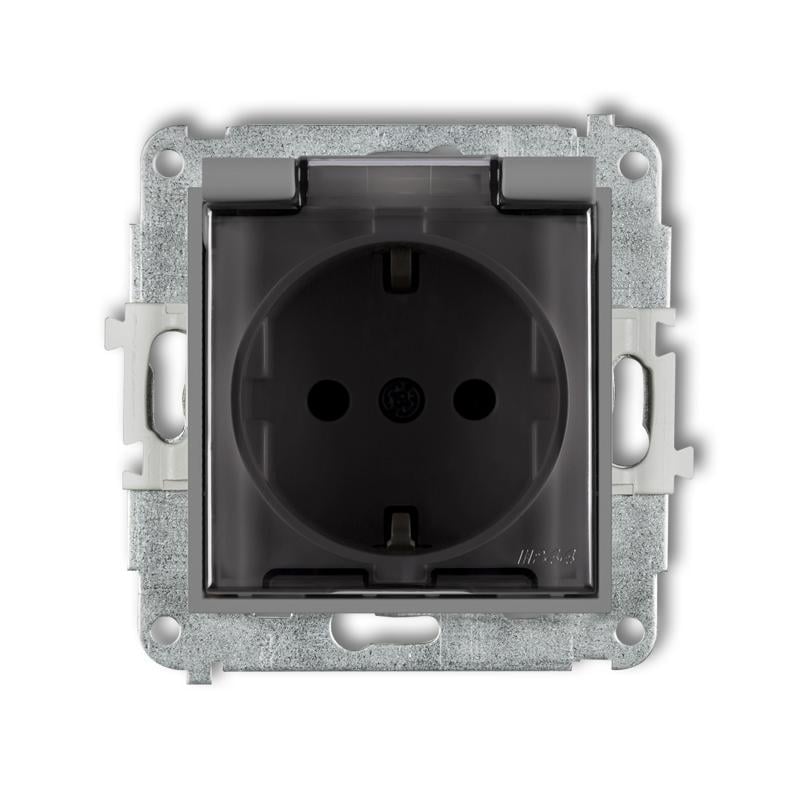 Розетка с крышкой Karlik Mini с заземлением Schuko и шторками Серый матовый (27MGPB-1sdp)