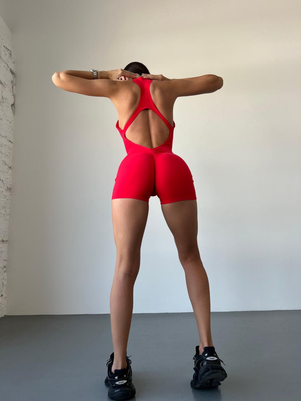 Комбинезон спортивный короткий с чашками и пуш-ап M Красный (WSH07M) - фото 3