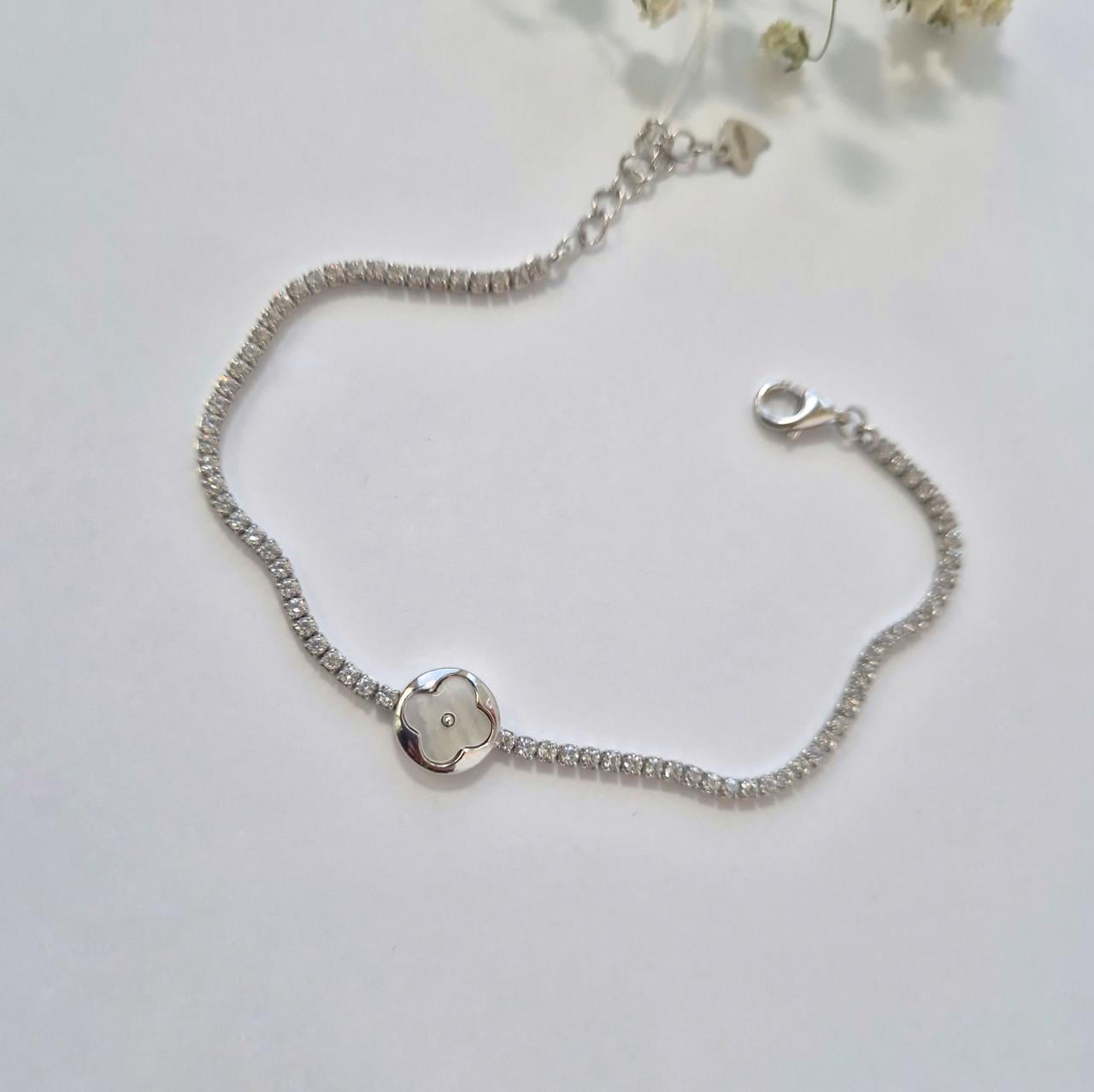 Браслет дорожка с белыми камнями серебро 925 пробы родированное перламутр 17-20 см 4,75 г (6101/12р)