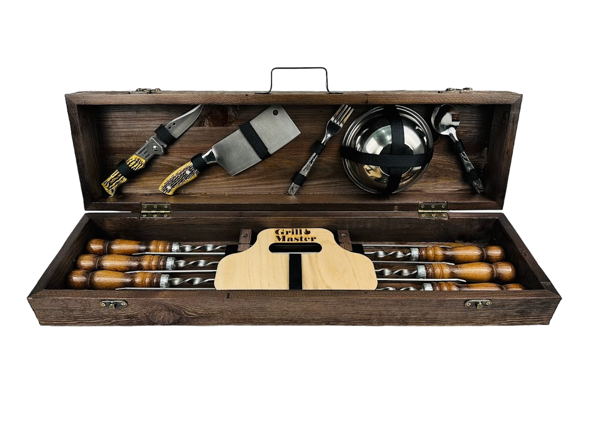 Набор шампуров подарочный Эконом в деревянном кейсе на 27 предметов (106-10- KS-7706)