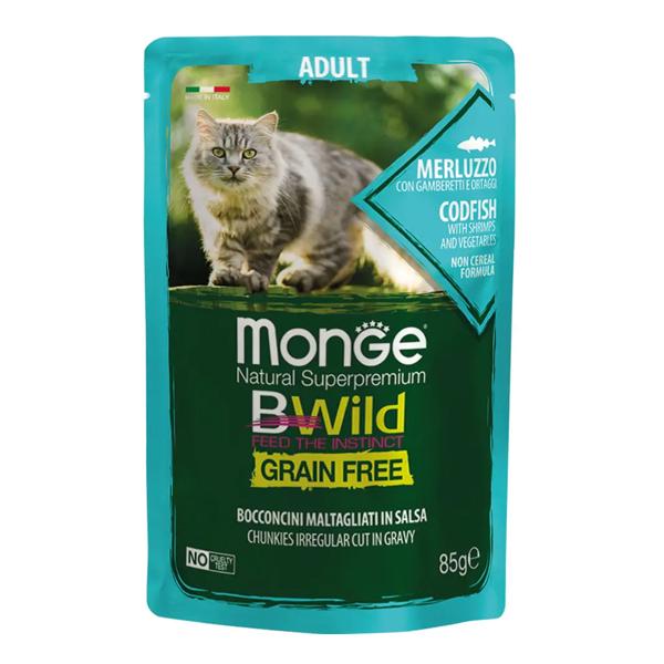 Корм для кошек Monge Cat Wet Bwild Grain Free треска с креветками и овощами 0,085 кг (27260435)