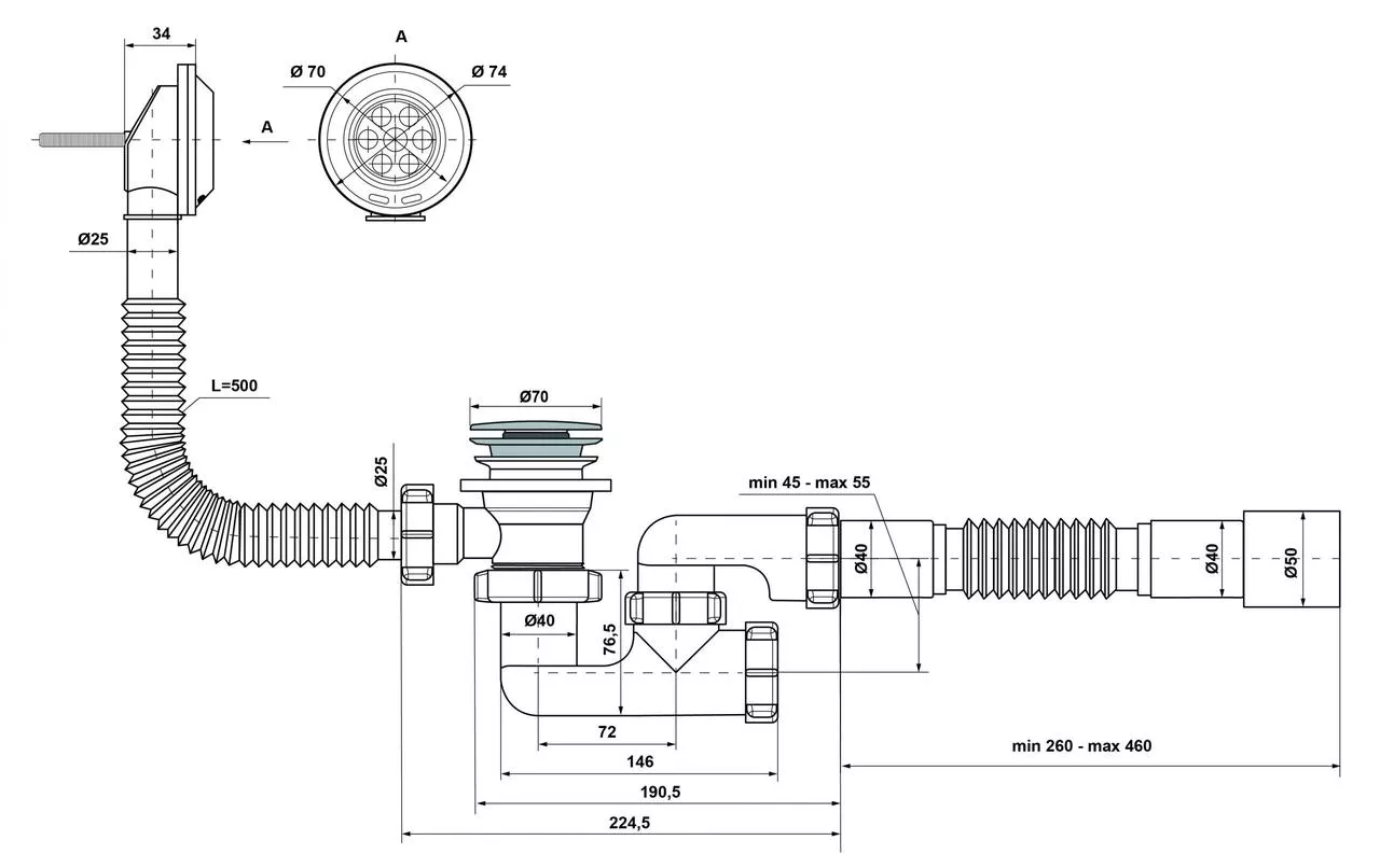 Сифон для ванни Kronoplast В-0550К Сlick-Сlack прямоточний з переливом 40/50 мм (SQ-1009983) - фото 2