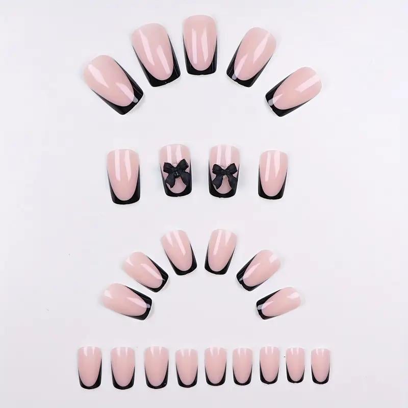 Накладные ногти Френч с 3D бантиком короткий квадрат с клеевыми пластинами 24 шт. Черный с бежевым (2689612579) - фото 7