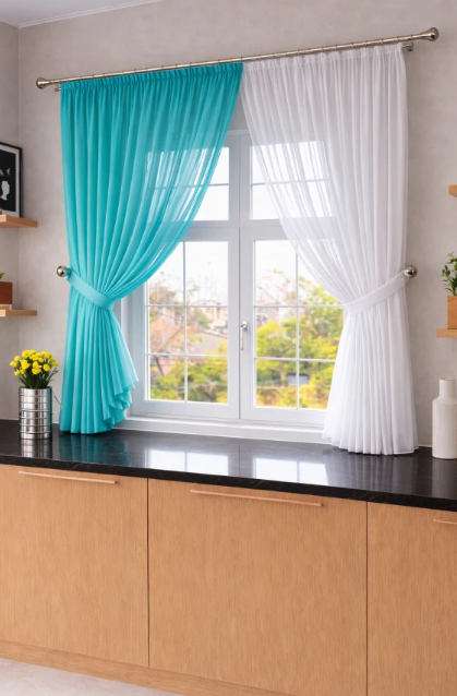 Шторки на кухню шифон 250х170 см Бирюзовый/Белый (501к 9)