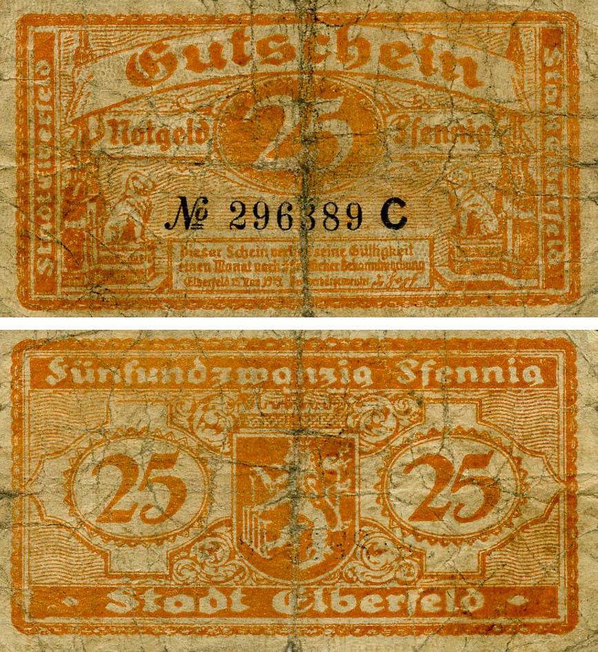 Коллекционная банкнота Германия Нотгельд 25 пфеннигов 1919 F-VF Эльберфельд C (Б18524)