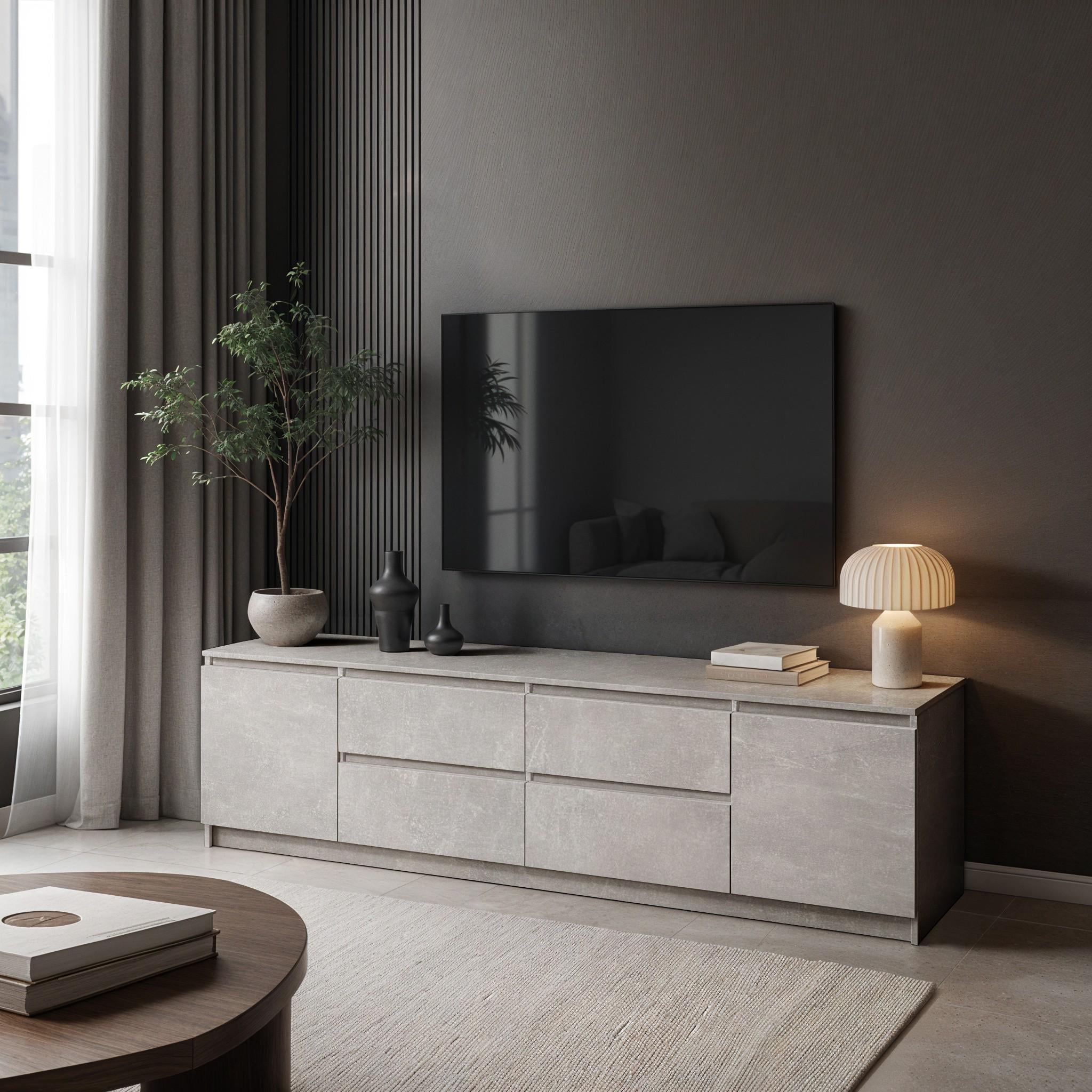 Тумба под телевизор на 4 ящика без ручек Everest 1804х370х510 мм Бетон