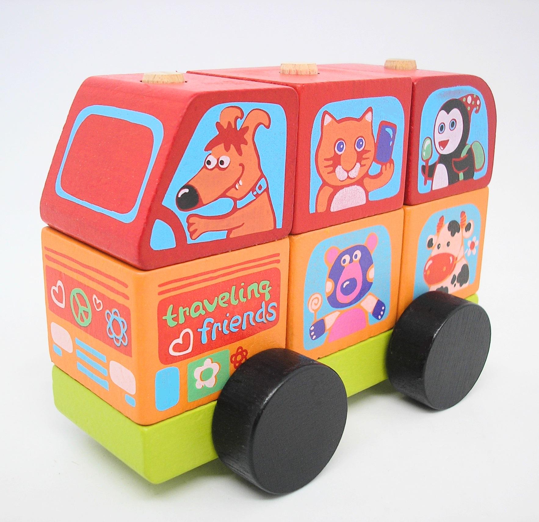 Игрушка деревянная Cubika автобус Веселые звери кубики Разноцветный
