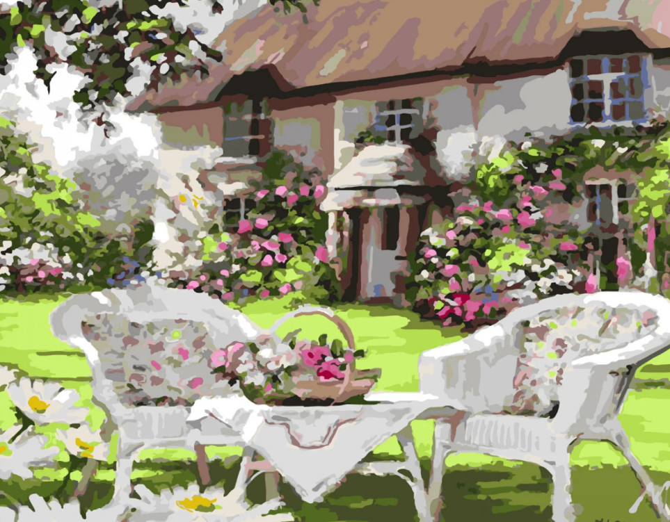 Картина по номерам Strateg Премиум Столик у дома с лаком и уровнем 40x50 см (SY6609)