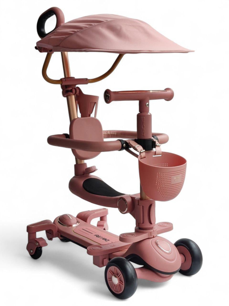 Детский самокат с родительской ручкой Beruty Sport 8028 с бортиками/козырьком Розовый (8028r-s2)