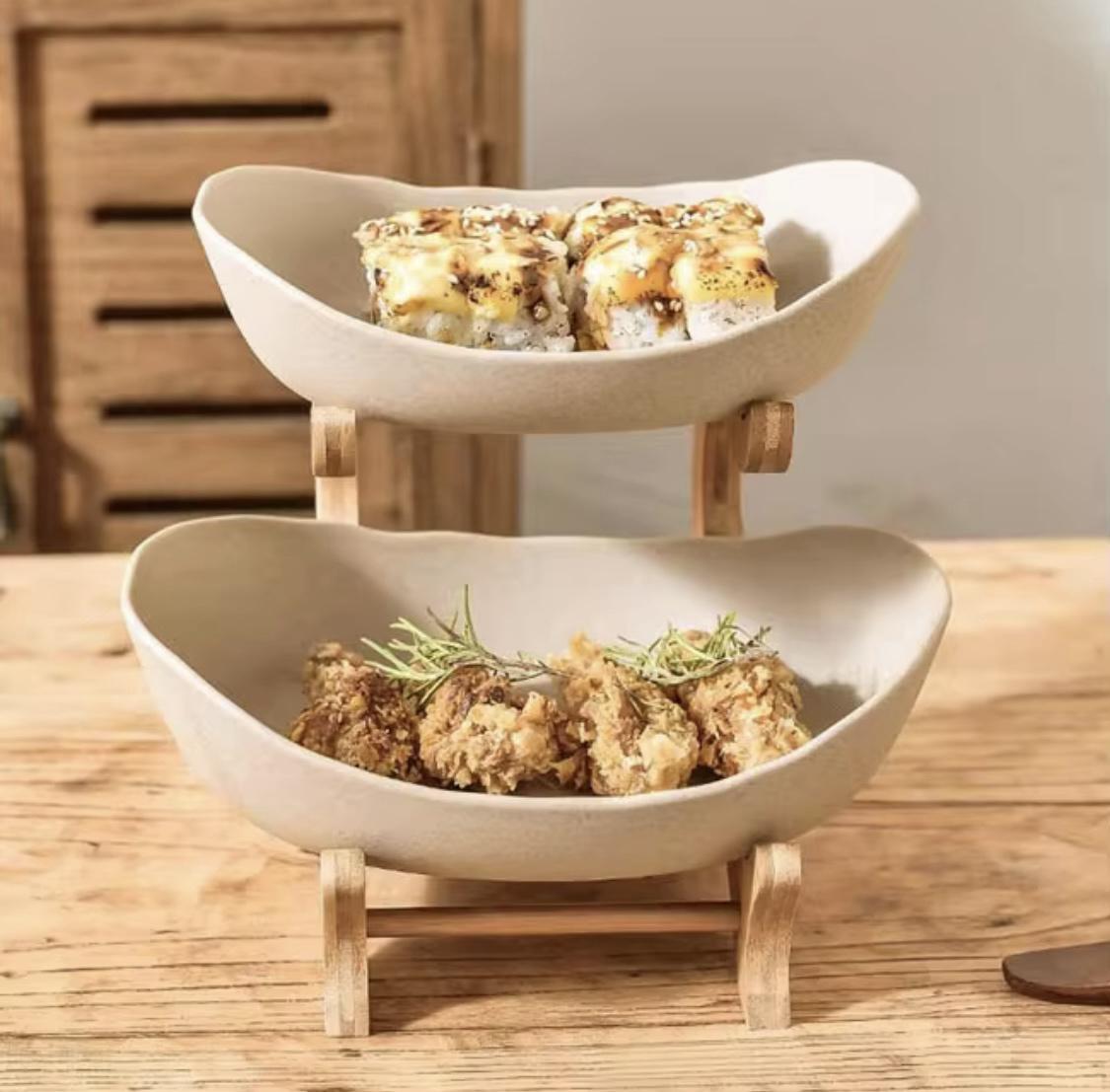 Фруктовница двухъярусная керамическая на бамбуковой подставке Бежевый (70014)