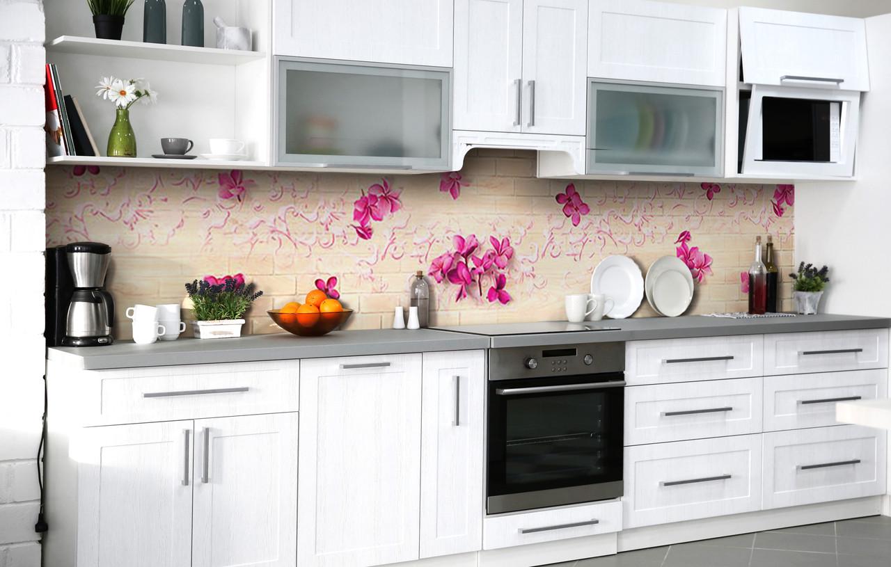 Кухонный фартук Розовая сирень/Кирпичи виниловый самоклеющийся 650х2500 мм Бежевый