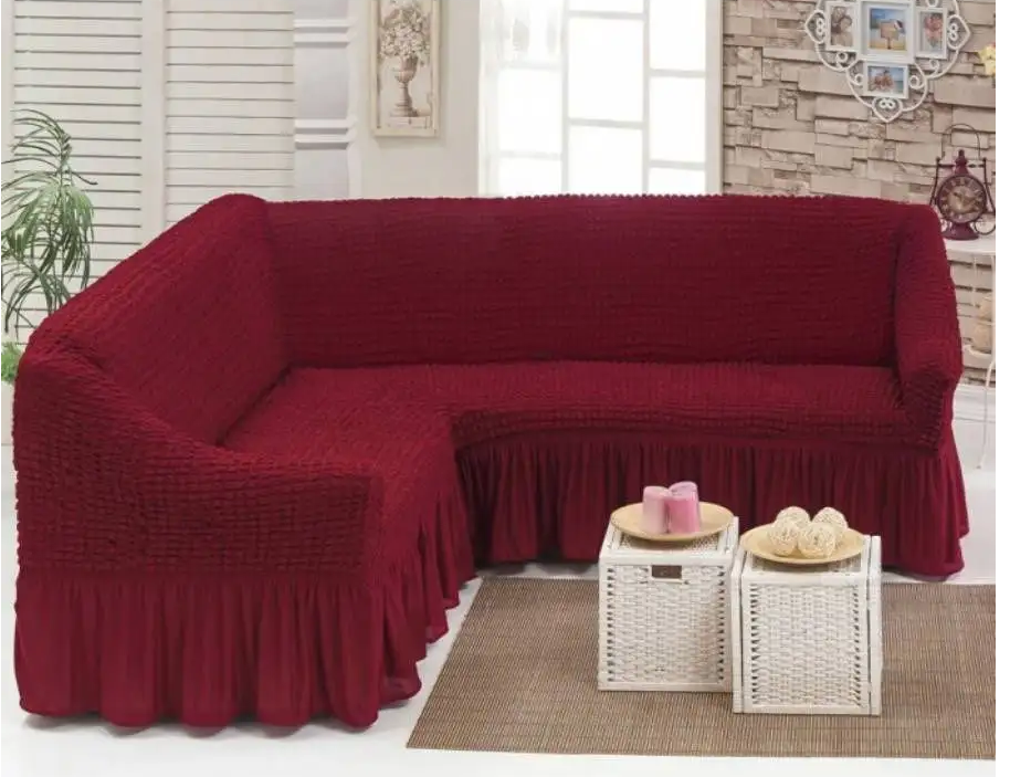 Чехол-накидка на угловой диван с оборкой из полиэстера 300х150 см Бордовый (31870748)