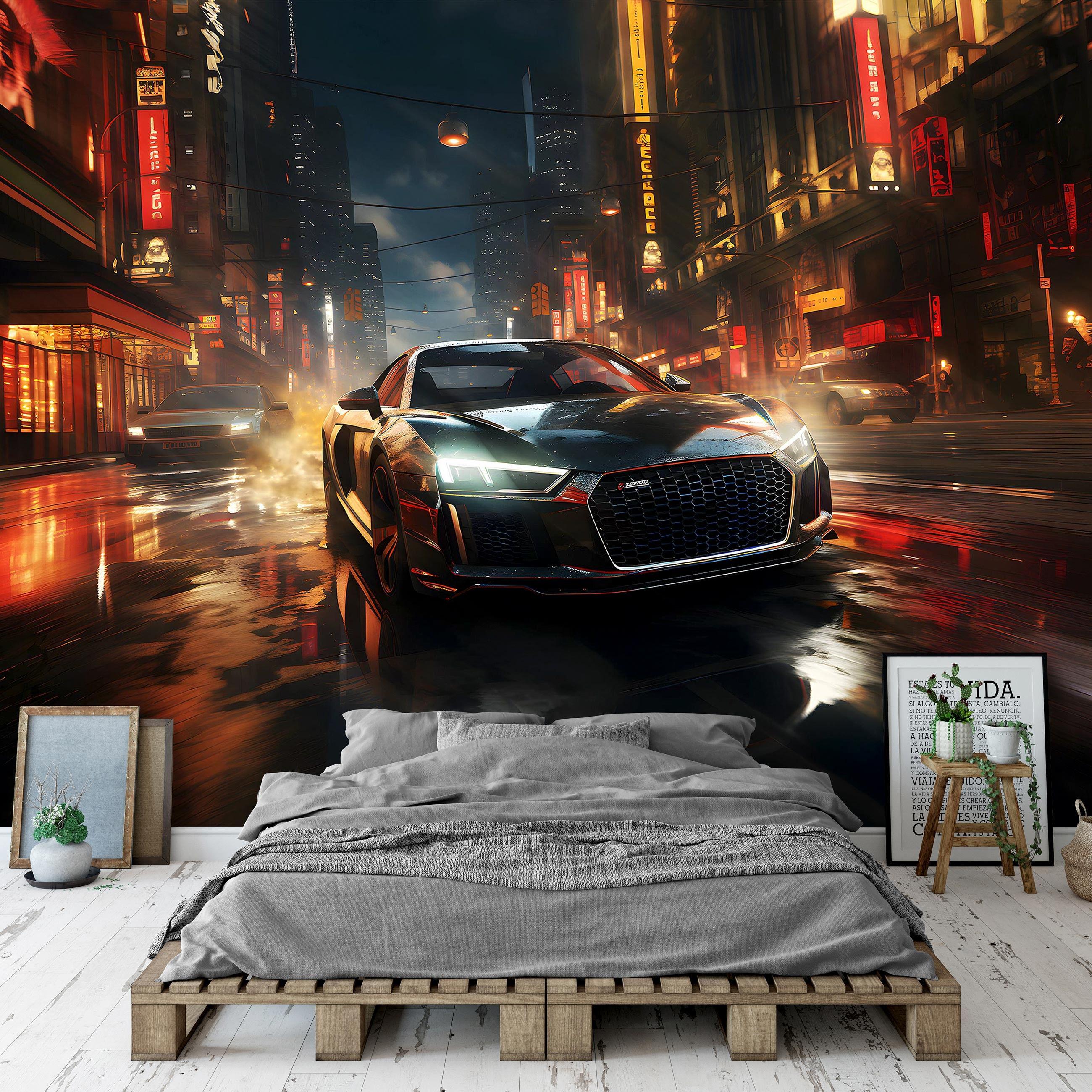 Фотошпалери флізелінові 3D Чорна машина у нічному місті з клеєм 368x254 см (14758V8) - фото 6