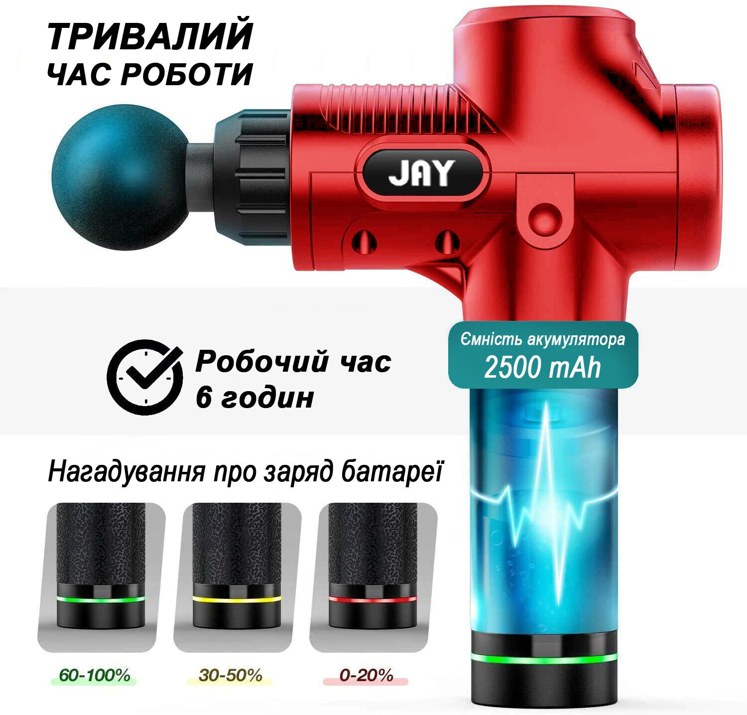 Перкуссионный массажный пистолет JAY PRO 30 скоростей Красный (HH 500-11-3) - фото 9