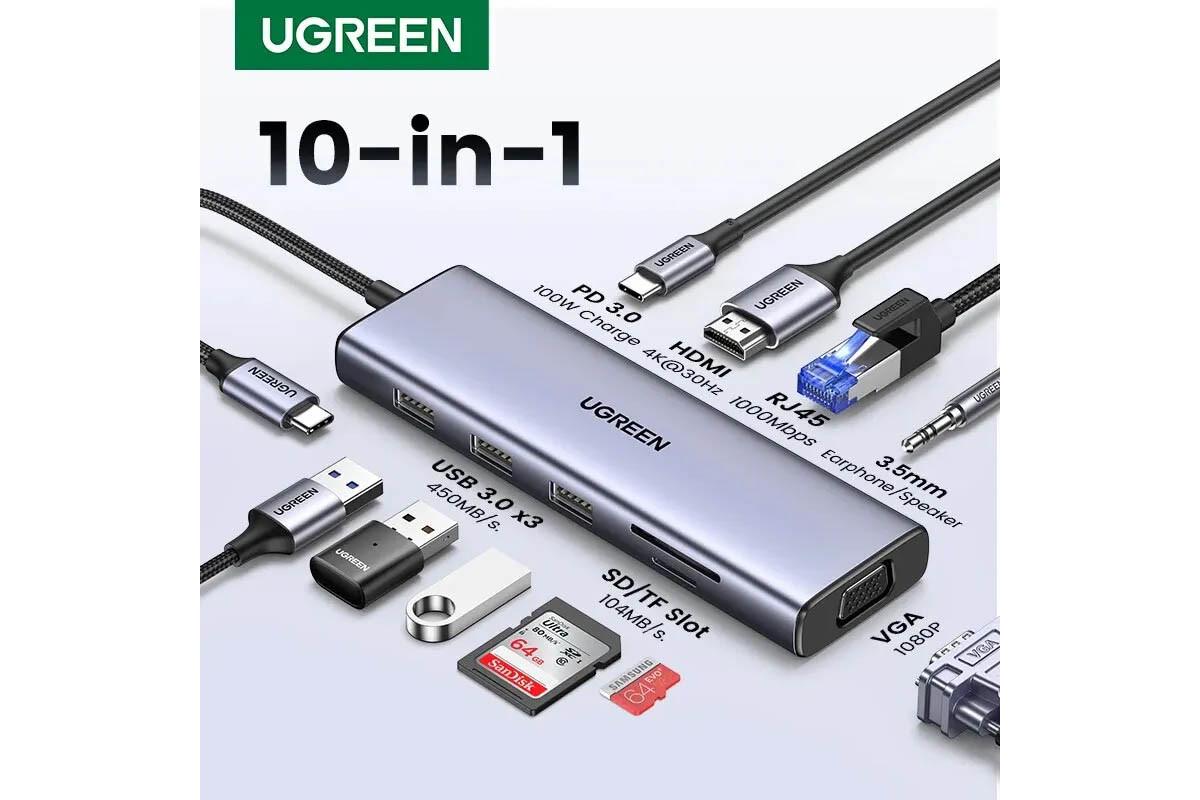 Концентратор UGREEN CM498 Type-C и 4K HDMI/VGA/RJ45/SD и TF/USB 3.0 PD 100W для MacBook HP Grey (15601) - фото 4