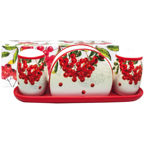 Набор емкостей для соли и перца SNT Калина красная с салфетницей на подставке 4,5х7 см (6912-4)