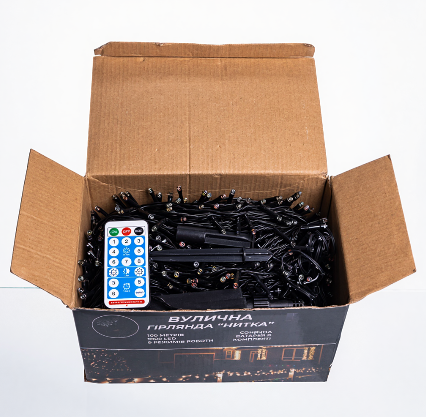 Гирлянда нить уличная 1000 LED 100 м на солнечной батарее черная нить с пультом ДУ Разноцветный - фото 6 Гирлянда нить уличная 1000 LED 100 м на солнечной батарее черная нить с пультом ДУ Разноцветный - фото 6