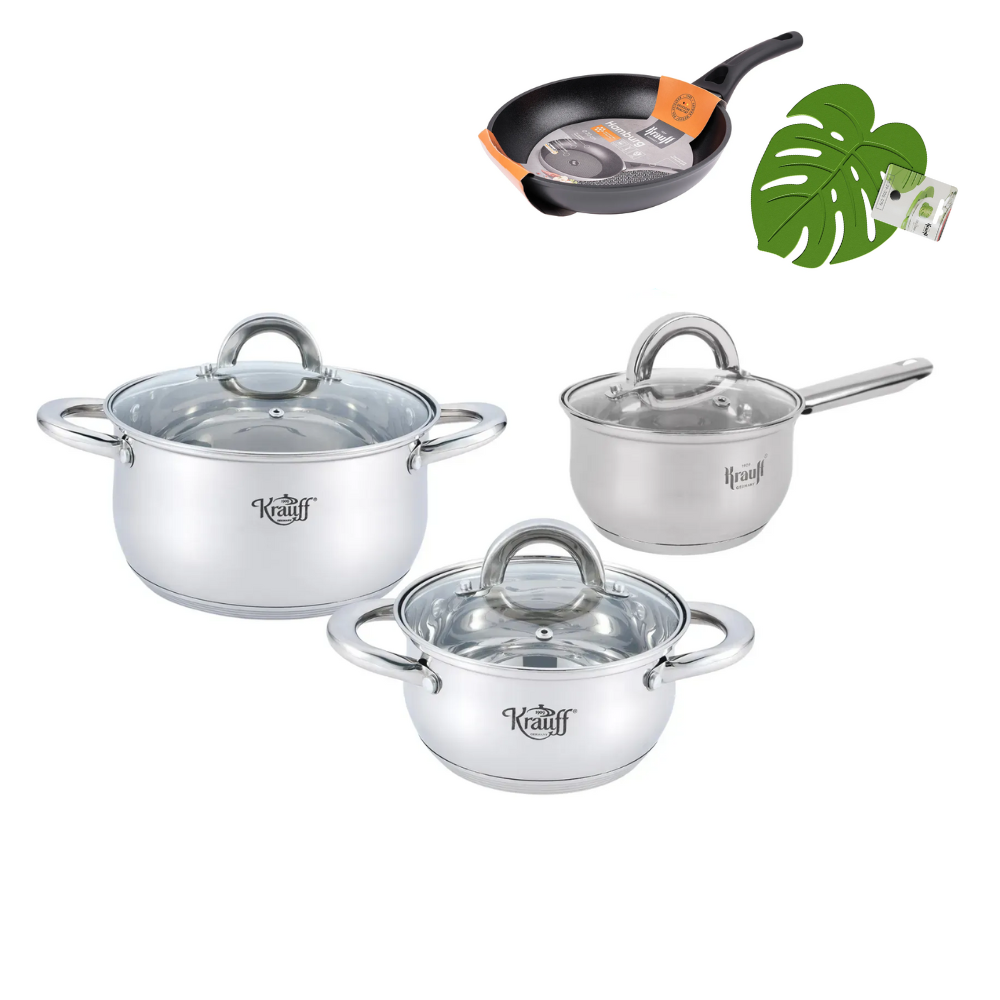 Набор кастрюль Krauff Steil со сковородой Hamburg 20 см и подставкой под горячее Monstera (28472)