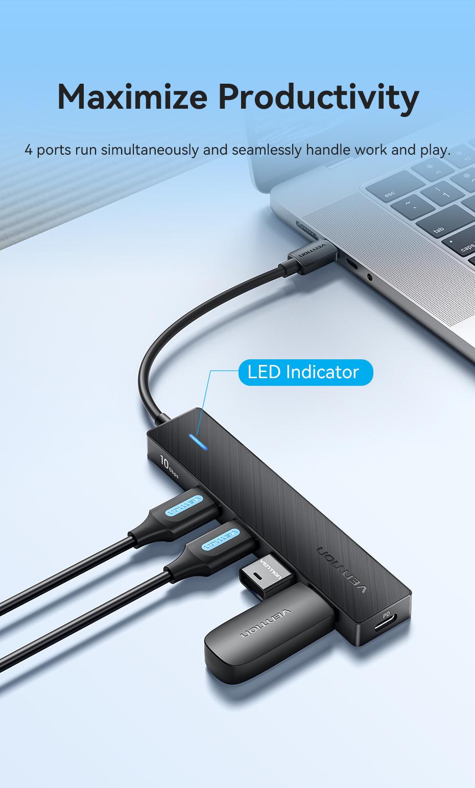 USB-хаб Vention 4xUSB-A 3.2 Gen 2 10 Гбіт/с Зарядка 100 Вт OTG 0.15 м Чорний (CKCBB) - фото 5 USB-хаб Vention 4xUSB-A 3.2 Gen 2 10 Гбіт/с Зарядка 100 Вт OTG 0.15 м Чорний (CKCBB) - фото 5